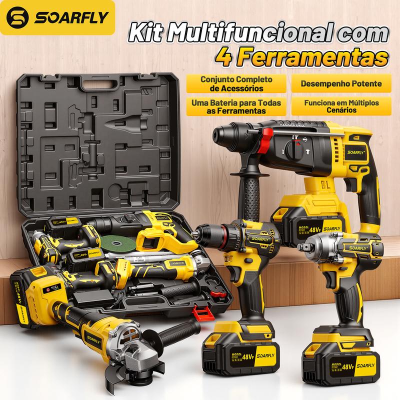 Kit Ferramentas 4 em 1 48Vf | Íon Lítio Baterias Sem Fio| Martelete + Esmerilhadeira + Furadeira Parafusadeira +Impacto Chave